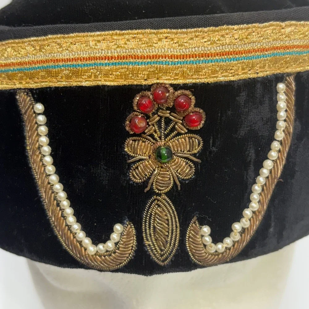 Vintage Black Velvet Pillbox Hat Gold Bullion Embroidery Pearls Made in India